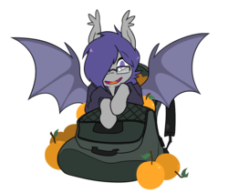 Size: 1140x968 | Tagged: safe, artist:egophiliac, oc, oc only, oc:dusk rhine, bat pony, 2018 community collab, derpibooru community collaboration, backpack, batpack, clothes, cute, food, fruit, glasses, hair over one eye, happy, hoodie, looking at you, male, orange, simple background, solo, spread wings, stallion, transparent background, wings