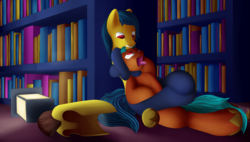 Size: 8800x5000 | Tagged: safe, artist:einboph, oc, oc only, earth pony, pony, absurd resolution, abuse, bodyscissors, chokehold, choking, clothes, domination, female, femdom, grabbing, headlock, library, male, malesub, mare, royal guard, sleeper hold, socks, sports, stallion, stockings, submission hold, submissive, thigh highs, wrestling