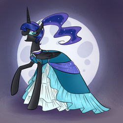 Size: 750x750 | Tagged: safe, artist:cosmalumi, nightmare moon, alicorn, pony, g4, alternate hairstyle, clothes, dress, ethereal mane, fangs, female, mare, moon, raised hoof, side view, slender, smiling, solo, tall, thin