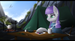 Size: 4414x2406 | Tagged: safe, artist:dezdark, maud pie, pinkie pie, bird, g4, camp, ear piercing, eyebrows, female, fire, food, ghastly gorge, kettle, lidded eyes, mountain, photo, pickaxe, piercing, sky, smiling, solo, tea, tent, when she smiles