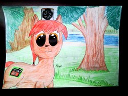 Size: 1600x1200 | Tagged: safe, oc, oc only, oc:a-10, cpu pony, insect, ladybug, object pony, original species, pony, amd, confused, cpu, cross-eyed, female, grass, insect on nose, mare, nature, pen, ponified, solo, traditional art, tree