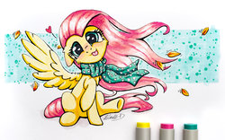 Size: 1600x1000 | Tagged: safe, artist:helmie-art, fluttershy, pegasus, pony, g4, :p, chest fluff, clothes, female, floppy ears, head tilt, heart, leaves, looking at you, marker, marker drawing, one wing out, raised hoof, scarf, silly, silly pony, sitting, solo, tongue out, traditional art, windswept hair, windswept mane