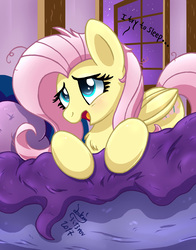 Size: 900x1150 | Tagged: safe, artist:joakaha, fluttershy, pegasus, pony, g4, bed, blanket, chest fluff, cute, dialogue, engrish, female, folded wings, shyabetes, solo, wings
