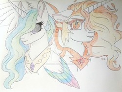 Size: 1024x768 | Tagged: safe, artist:evergreen-gemdust, daybreaker, princess celestia, pony, g4, colored wings, duality, multicolored wings, traditional art, watermark