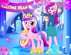 Size: 1000x773 | Tagged: safe, artist:pixelkitties, dean cadance, princess cadance, princess flurry heart, alicorn, human, pony, equestria girls, g4, balloon, carrying, child, crown, crystal empire, cute, cutedance, daughter, female, filly, foal, folded wings, holding a pony, hoof shoes, horn, human ponidox, jewelry, mare, missing accessory, mother and daughter, regalia, self ponidox, spread wings, tiara, trio, wings, wings down