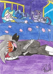 Size: 1574x2195 | Tagged: safe, artist:miitoons, princess celestia, princess luna, twilight sparkle, oc, alicorn, pony, g4, sleeping, traditional art, twilight sparkle (alicorn)