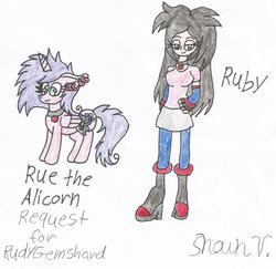 Size: 1609x1565 | Tagged: safe, artist:shawnventura, oc, oc only, oc:ruby, oc:rue, alicorn, pony, alicorn oc, boots, clothes, cute, high heel boots, jewelry, necklace, pantyhose, request, shoes, skirt, traditional art