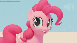 Size: 1920x1080 | Tagged: safe, artist:therealdjthed, pinkie pie, earth pony, pony, a friend in deed, g4, season 2, 3d, 3d model, 60 fps, animated, blender, blender cycles, cute, cycles render, dialogue, diapinkes, female, happy, mare, model:djthed, patreon, patreon logo, simple background, smiling, solo, sound, talking, webm