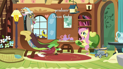 Size: 1280x720 | Tagged: safe, screencap, discord, fluttershy, draconequus, pegasus, pony, discordant harmony, g4, carrot-ginger sandwich, cup, fluttershy's cottage, food, opening credits, sandwich, sandwich crust, teacup, teapot