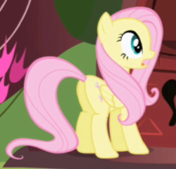 Size: 269x259 | Tagged: safe, screencap, fluttershy, pegasus, pony, friendship is magic, g4, butt, cropped, female, flutterbutt, mare, open mouth, plot, solo