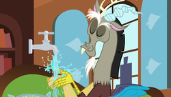 Size: 1280x720 | Tagged: safe, screencap, discord, discordant harmony, g4, chaos magic, faucet, fluttershy's cottage, male, solo, water