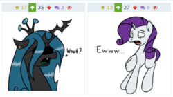 Size: 437x246 | Tagged: safe, artist:psicarii, queen chrysalis, rarity, derpibooru, g4, eww, juxtaposition, juxtaposition win, meme, meta, simple background, white background