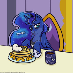 Size: 1024x1024 | Tagged: safe, artist:yoshimarsart, princess luna, alicorn, pony, a royal problem, g4, bags under eyes, coffee mug, female, food, magic, mug, pancakes, solo, watermark