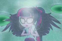 Size: 3000x2000 | Tagged: safe, artist:vicakukac200, sci-twi, twilight sparkle, equestria girls, g4, my little pony equestria girls: legend of everfree, camp everfree outfits, clothes, eyes closed, female, glasses, high res, lilypad, midnight sparkle, open mouth, pond, scene interpretation, shorts, singing, solo, the midnight in me, water, wings