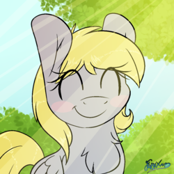 Size: 1000x1000 | Tagged: safe, artist:fluffyxai, derpy hooves, pegasus, pony, g4, adorkable, blush sticker, blushing, chest fluff, crepuscular rays, cute, derpabetes, dork, eyes closed, female, mare, smiling, solo