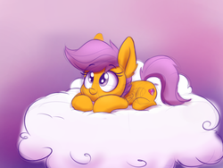 Size: 1600x1200 | Tagged: safe, artist:heir-of-rick, scootaloo, pegasus, pony, g4, cloud, colored sketch, cute, cutealoo, eyebrows, eyebrows visible through hair, female, filly, folded wings, gradient background, on a cloud, prone, solo, the cmc's cutie marks, wings
