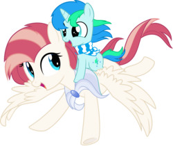 Size: 6000x5032 | Tagged: safe, artist:aureai, oc, oc only, oc:aureai, oc:cyan lightning, pegasus, pony, unicorn, .svg available, absurd resolution, cape, clothes, colt, cute, female, flying, happy, male, mare, ocbetes, open mouth, ponies riding ponies, riding, scarf, simple background, spread wings, transparent background, vector, windswept mane, wings