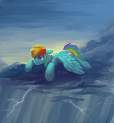 Size: 2800x3000 | Tagged: safe, artist:dragonataxia, rainbow dash, pegasus, pony, g4, backwards cutie mark, cloud, cloudy, cutie mark, female, floppy ears, high res, hooves, lying on a cloud, mare, on a cloud, prone, sad, sky, solo, storm, stormcloud, wings