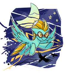 Size: 1652x1857 | Tagged: safe, artist:dragonataxia, lightning dust, bird, pegasus, pony, raven (bird), abstract background, crescent moon, female, flying, goggles, moon, night, smiling, solo, stars