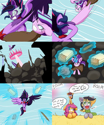 Size: 2000x2400 | Tagged: safe, artist:jake heritagu, scootaloo, starlight glimmer, twilight sparkle, oc, oc:aero, oc:lightning blitz, alicorn, pegasus, pony, comic:ask motherly scootaloo, equestria girls, g4, baby, baby pony, cloak, clothes, colt, comic, hairpin, hal emmerich, high res, male, metal gear solid, midnight sparkle, motherly scootaloo, offspring, older, older scootaloo, otacon, parent:derpy hooves, parent:oc:warden, parent:rain catcher, parent:scootaloo, parents:canon x oc, parents:catcherloo, parents:warderp, ponies riding ponies, pony hat, ponyville, riding, scarf, smoke, speech bubble, sweatshirt, twilight sparkle (alicorn)