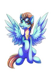 Size: 1181x1748 | Tagged: safe, artist:dragonataxia, lightning dust, pegasus, pony, g4, clothes, female, goggles, grin, simple background, smiling, solo, spread wings, uniform, white background, wings, wonderbolt trainee uniform
