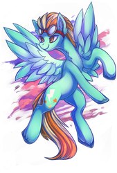 Size: 1459x2160 | Tagged: safe, artist:dragonataxia, lightning dust, pegasus, pony, g4, abstract background, female, goggles, rearing, smiling, solo