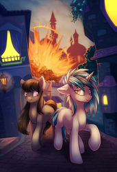 Size: 685x1000 | Tagged: safe, artist:dragonataxia, dj pon-3, octavia melody, vinyl scratch, earth pony, pony, unicorn, my roommate is a vampire, g4, canterlot, duo, explosion, fanfic, fanfic art, smiling
