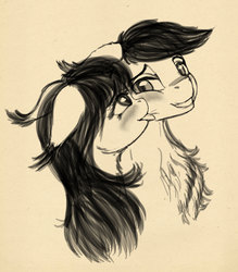 Size: 2442x2792 | Tagged: safe, artist:lunebat, oc, oc only, oc:lunette, oc:silver wind, bat pony, colt, female, high res, licking, looking at each other, male, mare, monochrome, shipping, silvette, sketch, tongue out