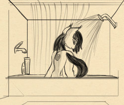 Size: 1105x931 | Tagged: safe, artist:lunebat, oc, oc only, oc:lunette, bat pony, bath, butt, female, looking at you, mare, monochrome, plot, sketch