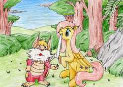 Size: 3408x2406 | Tagged: safe, artist:40kponyguy, derpibooru exclusive, fluttershy, pegasus, pony, g4, bandage, crossover, ear fluff, floppy ears, high res, looking at each other, mouth hold, one eye closed, raised hoof, snarf, thundercats, traditional art, tree