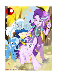 Size: 2640x3593 | Tagged: safe, artist:succubi samus, starlight glimmer, trixie, human, pony, unicorn, equestria girls, g4, angry, commission, competition, cute, duo, dust, gritted teeth, hat, high res, human ponidox, leaves, looking back, not sure if shipping, patreon, patreon logo, photography, race, reaching, running, running of the leaves, s5 starlight, self ponidox, show accurate, smiling, tree