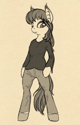 Size: 926x1450 | Tagged: safe, artist:lunebat, oc, oc only, oc:lunette, bat pony, semi-anthro, arm hooves, bipedal, clothes, female, mare, monochrome, sketch, solo, standing