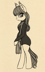 Size: 942x1500 | Tagged: safe, artist:lunebat, oc, oc only, oc:lunette, bat pony, semi-anthro, arm hooves, bipedal, clothes, female, mare, monochrome, sketch, solo, standing