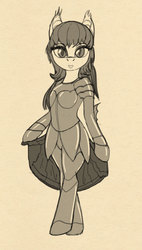 Size: 854x1507 | Tagged: safe, artist:lunebat, oc, oc only, oc:lunette, bat pony, semi-anthro, arm hooves, armor, bipedal, clothes, female, mare, monochrome, sketch, solo, standing