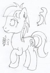 Size: 611x882 | Tagged: safe, artist:parclytaxel, oc, oc only, oc:tender thread, earth pony, pony, cutie mark, hearing aid, lidded eyes, lineart, male, monochrome, offspring, parent:coco pommel, parents:canon x oc, pencil drawing, raised hoof, solo, stallion, traditional art
