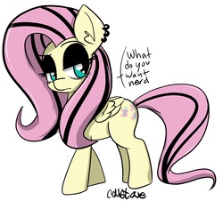 Size: 2220x2009 | Tagged: safe, artist:comet0ne, fluttershy, pegasus, pony, g4, dialogue, digital art, ear piercing, earring, emoshy, female, high res, jewelry, lidded eyes, mare, piercing, simple background, sketch, white background