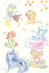 Size: 1713x2537 | Tagged: safe, artist:lost marbles, derpibooru exclusive, applejack, carrot top, derpy hooves, golden harvest, princess luna, scootaloo, trixie, turtle, g4, apple, clothes, colored pencil drawing, cup, envelope, food, mail, mailbag, mailmare, sea turtle, sweater, teacup, traditional art, uniform
