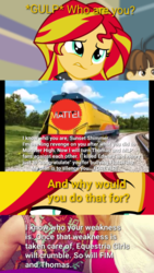 Size: 720x1280 | Tagged: safe, derpibooru exclusive, sunset shimmer, equestria girls, g4, comic, conspiracy theory, edgy, fourth wall, hasbro vs mattel, mask, mattel, op is on drugs, thomas the tank engine, wat
