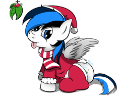 Size: 1000x800 | Tagged: safe, artist:cloufy, oc, oc only, oc:waver, christmas, clothes, coat, cutie mark, hat, holiday, holly, holly mistaken for mistletoe, santa hat, scarf, sitting, socks, tongue out, wings, ych result