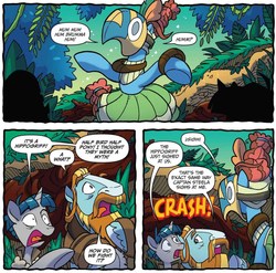 Size: 1075x1063 | Tagged: safe, artist:tonyfleecs, idw, official comic, meadowbrook, rockhoof, stygian, earth pony, hippogriff, pony, unicorn, g4, legends of magic, spoiler:comic, spoiler:comiclom8, beard, clothes, comic, dress, facial hair, female, healer's mask, male, mare, mask, moustache, muffled words, scared, sigh, speech bubble, stallion