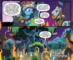 Size: 1102x907 | Tagged: safe, artist:tonyfleecs, idw, official comic, meadowbrook, rockhoof, beaver, bird, deer, earth pony, pony, rabbit, raccoon, squirrel, tortoise, turtle, g4, legends of magic, spoiler:comic, spoiler:comiclom8, angry mob, animal, cliffhanger, collar, comic, critters, doe, female, male, mare, meadowbrook's home, mob, speech bubble, stallion, torch