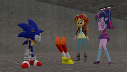 Size: 1366x768 | Tagged: safe, artist:tmntlonewolf, sci-twi, sunset shimmer, twilight sparkle, oc, oc:sunset rose, equestria girls, g4, 3d, boots, clothes, cowboy boots, crossover, equestria girls-ified, facepalm, high heel boots, male, shirt, shoes, skirt, sonic the hedgehog, sonic the hedgehog (series)