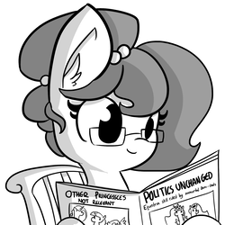 Size: 1650x1650 | Tagged: safe, artist:tjpones, princess cadance, princess celestia, princess flurry heart, princess luna, twilight sparkle, oc, oc:brownie bun, alicorn, earth pony, pony, horse wife, g4, alicorn pentarchy, ear fluff, female, glasses, grayscale, hoof hold, misspelling, monochrome, newspaper, simple background, smiling, solo, twilight sparkle (alicorn), white background