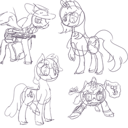 Size: 783x783 | Tagged: safe, artist:erijt, oc, oc only, oc:calamity, oc:homage, oc:littlepip, oc:velvet remedy, pegasus, pony, unicorn, fallout equestria, battle saddle, black and white, clothes, cutie mark, dashite, fanfic, fanfic art, female, glowing horn, grayscale, gun, handgun, hat, hooves, horn, jumpsuit, levitation, little macintosh, magic, male, mare, monochrome, open mouth, optical sight, pipbuck, revolver, rifle, sketch, spread wings, stallion, telekinesis, vault suit, weapon, wings