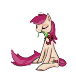 Size: 1280x1279 | Tagged: safe, artist:erijt, roseluck, earth pony, pony, g4, abstract background, eyes closed, female, flower, mare, mouth hold, rose, sitting, solo