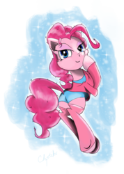 Size: 2000x2814 | Tagged: safe, artist:chopsticks, pinkie pie, earth pony, pony, g4, bedroom eyes, butt, clothes, female, flutterr mlh, high res, leotard, levitation, looking at you, looking back, magic, mare, plot, simple background, socks, sweater, telekinesis