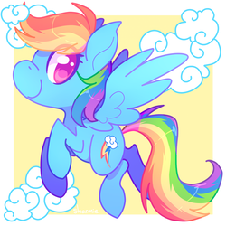 Size: 1000x1000 | Tagged: safe, artist:sharmie, rainbow dash, pegasus, pony, g4, abstract background, cloud, colored pupils, female, flying, looking at you, mare, smiling, solo, spread wings, wings