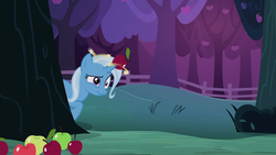 Size: 1920x1080 | Tagged: safe, screencap, trixie, g4, uncommon bond, apple, apple tree, dizzy, food, horn, horn guard, horn impalement, tree
