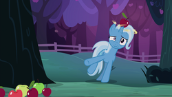 Size: 1920x1080 | Tagged: safe, screencap, trixie, g4, uncommon bond, apple, apple tree, circling stars, dizziness, dizzy, female, fence, food, horn, horn guard, horn impalement, solo, stars, tree