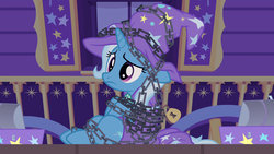 Size: 1920x1080 | Tagged: safe, screencap, trixie, g4, uncommon bond, adorable distress, bound, chains, cute, lock, padlock, tied up